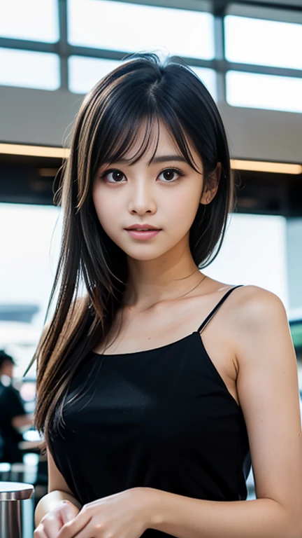 highest quality, masterpiece, ultra high resolution, (realistic:1.4), Raw photo, (18 year old female), At the airport cafe terrace, (An 18-year-old girl, most famous japanese idol, (Before leaving for overseas travel), (very beautiful black hair shortcut),...