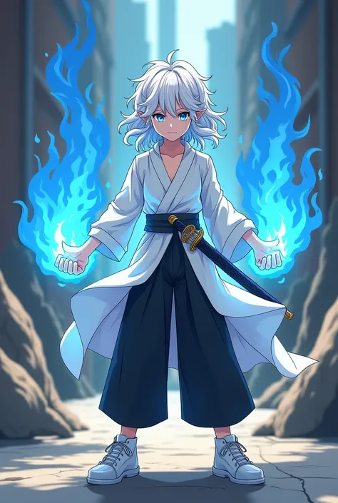 An elf man (anime version) wearing a dress, wide black pants, a white shirt and a white tennis tennis, skinned wavy white, sky blue eyes. 
With blue fists of fire and a red Japanese katana covered in fire 