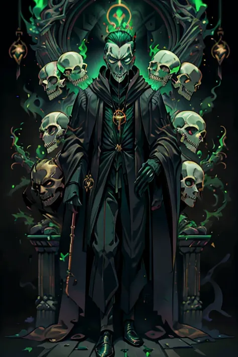 male, white slicked back hair, green eyes, black skin, (((1boy))), (((black judge robes))), (skull mask), (black pants), (black shoes), (gold pendant), long legs, green flames, skeletal hands