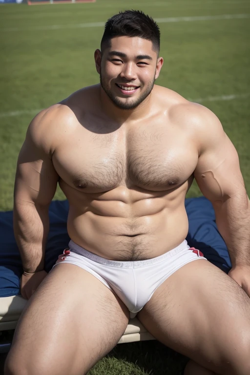 ((highest quality)), ((masterpiece)), (detailed), ((Perfect Face)), 4k, Shaved head, Young boy, Muscular, Fat body, Very big man, smile, ((showing off huge thighs)), A large asian,  ((shirtless man)), whole body, Rugby player, Thick legs, Thick arm muscles...