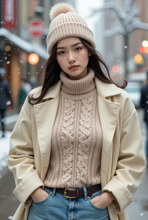 A stylish Asian teenage girl standing on a snowy street, wearing an oversized cream-colored coat layered over a knitted turtleneck sweater and high-waisted jeans. She accessorizes with a matching beanie and a scarf. Her hair peeks out in soft waves. The ba...