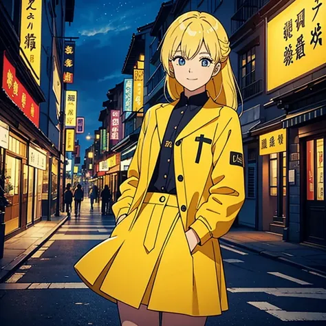  High Quality ,   masterpieces in the background ,　Yellow Hair,  shortcuts,  1 girl , 背景はCity Night, smile, smile, 80&#39;s anime vibe, style of Macro,   Im studying 80s anime style,   80s anime art style  , Macro, 1980s anime style, City Night, 

