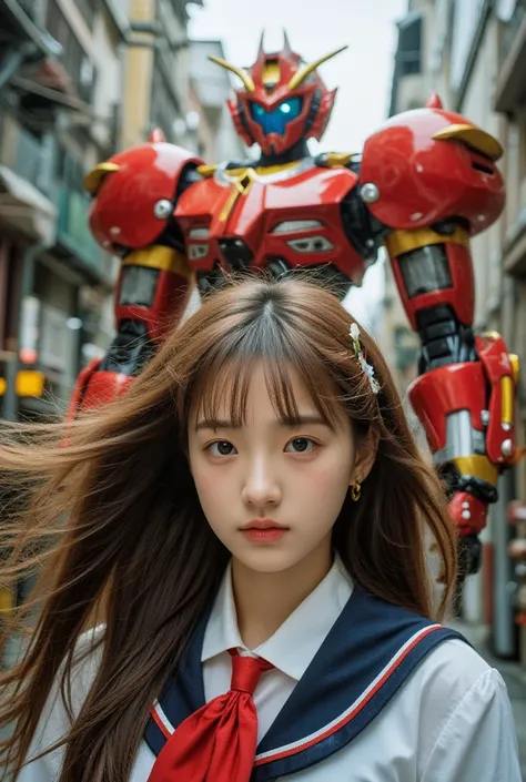 Masterpiece, Best quality, 8K, crazy detail, with their intricate details, Super detail, Ultra high quality, high detaild, Super detail,   In the background is the Mecha Robot Gundam，Up，Chinese red, schoolgirl, trinkets, Hair accessories, Mecha parts, Long...