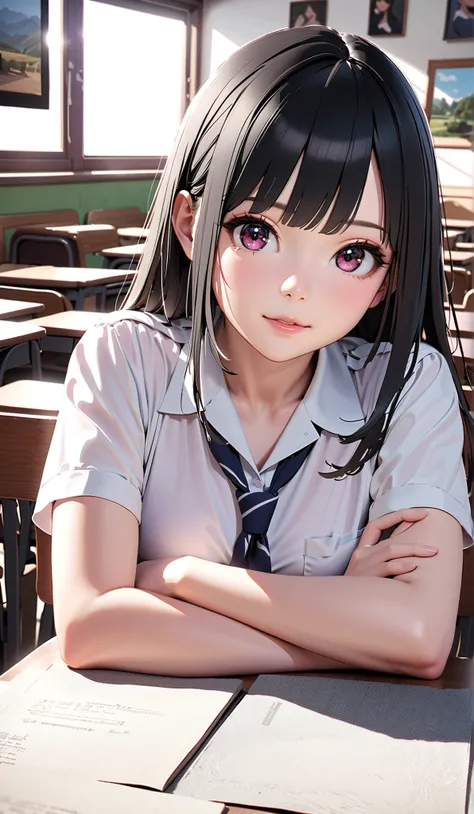  Miss High School Contest 2025 Finalist , Photogenic,  very detailedで美しい顔, Close up of a woman sitting with her arms crossed on a neatly arranged straight bangs ,   LONG BLACK HAIR ,  is wearing a high school uniform,  Realistic High School Girls , School ...