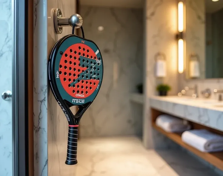 A luxurious and modern bathroom, in which on the coat rack at the entrance ,  there is a padel racket hanging down the handle. 