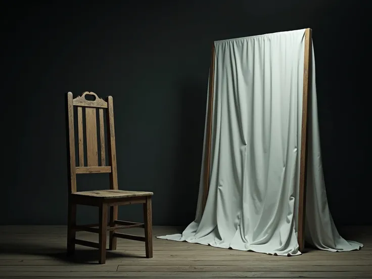 an old wooden chair and a large mirror covered with a white cloth.