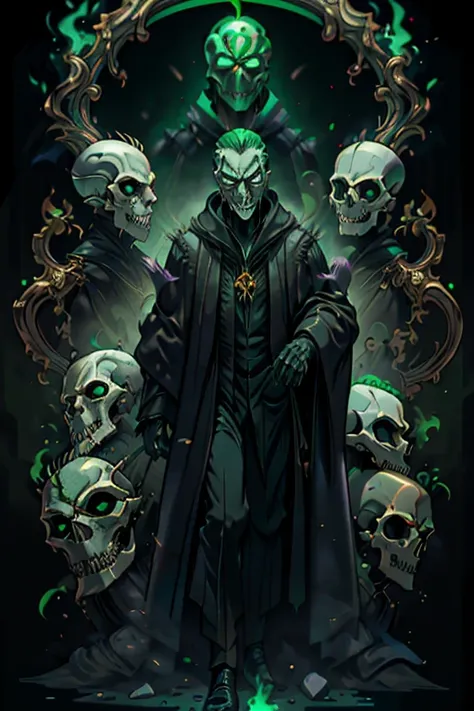 male, white slicked back hair, green eyes, black skin, (((1boy))), (((black judge robes))), (skull mask), (black pants), (black shoes), (gold pendant), long legs, green flames, skeletal hands