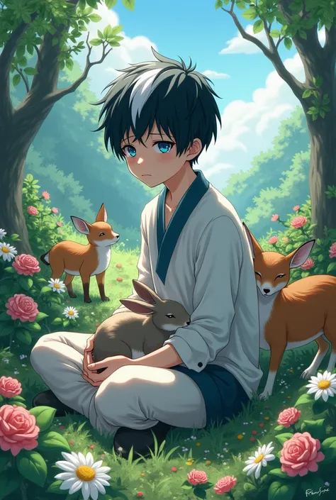 A boy: black hair with a white streak, blue eyes like the sky and the sea and sad, white skin like snow. Anime. In a big and beautiful garden with flowers. In his lap is a rabbit and next to him are wild animals. 