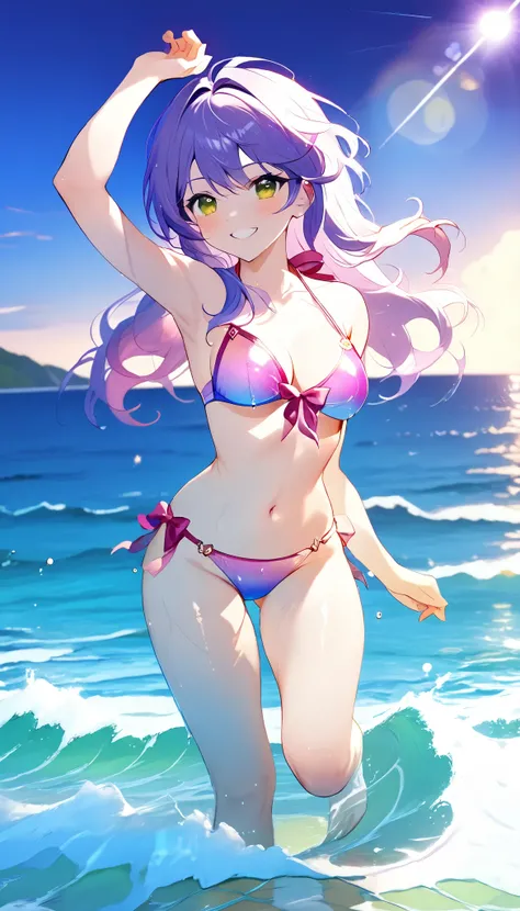 (High resolution, accurate, Best Quality, Anatomically correct, masterpiece), 1 beautiful girl,  girl, panoramic view, full body standing on the shore of the waves, ((long mauve blue hiar:1.3), gradient hair:1.2), middle part hair, (wearing a pink glitteri...