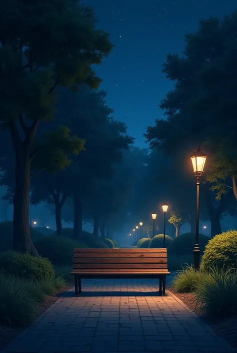 At night in the park there is a bench