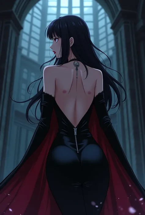 A female vampire from Anime . Her skin is pale and her hair is long and black with bangs hitting her forehead..  Firm round breasts and perky butt . Her body is beautiful and defined . Her long black vampire dress with a bold and provocative neckline.  The...