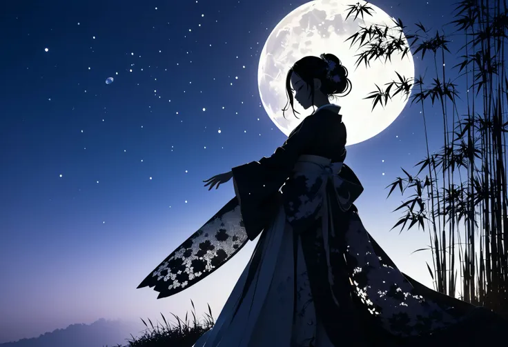 (((silhouette art))), Orihimes sadness at being separated by the Milky Way is conveyed, as she stretches out her right arm and regrets parting, close-up, profile, Close-up, arms outstretched as they bid farewell,The clothing is a kimono,Double exposure, ba...