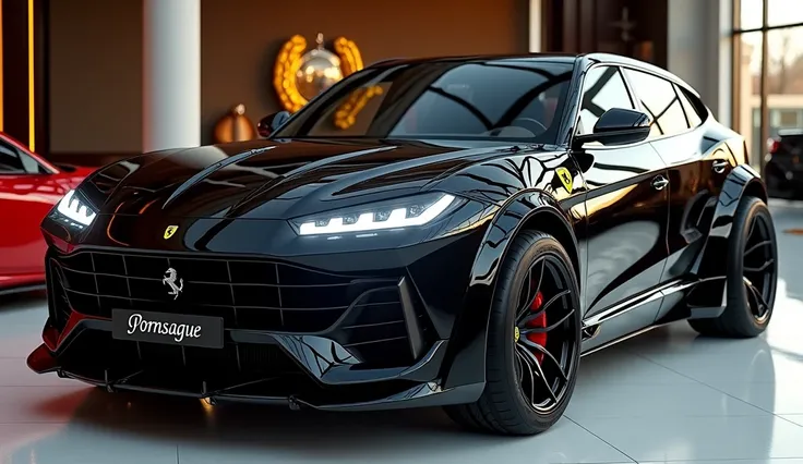 Create a realistic render of a car design featuring the [black Ferrari pornsague SUV 2025] . The car should be viewed from the [right view] in [black Color]. Include a [Ferrari Logo] prominently on the [right]. The headlights should be [white],. The licens...