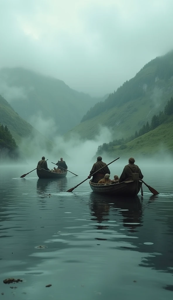 Exploring a Mystical Lake 
" A group of Celts in Ireland in 500 a .c.  sailing in rustic wooden boats on a lake surrounded by verdant hills.  They are searching for food and spiritual offerings .  The mist partially covers the water ,  creating a mystical ...