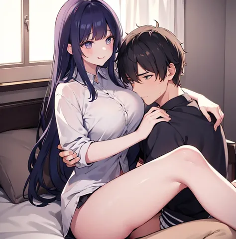 1 male、   The man is hugging and tangling his tongue with an innocent 16-year-old beautiful idol girl with long dark hair、 sexしています,Shes buttoned off her shirt ,I can see her boobs, Max image    ,Girls Bedroom， during   sex ual activity,  sex ,    expressi...