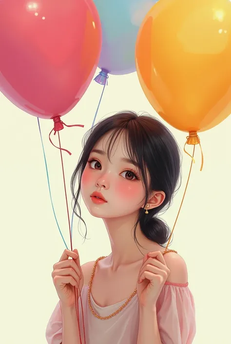 young woman with big eyed Asian features holding a pair of party balloons 