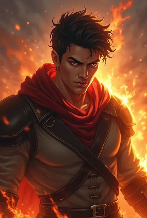  In heroic medieval fantasy mode I would like a handsome young man with brown eyes who life has made very angry and it shows on his face. He is a lava elementalist He has the power to control fire, qui le submerge lorsquil est encolere