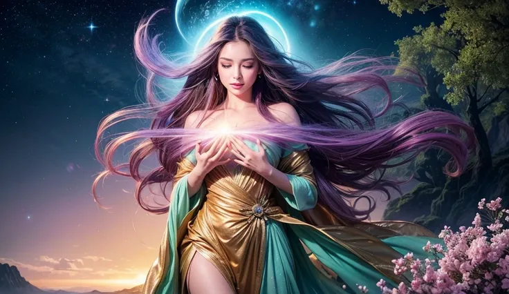 
"A divine woman, representing Gaia ,  with gentle and welcoming features ,  your skin is adorned with shades of green ,  blue and gold that seem to pulsate with the life of the planet .  Vibrant flowers spring from your flowing hair ,  that are mixed with...