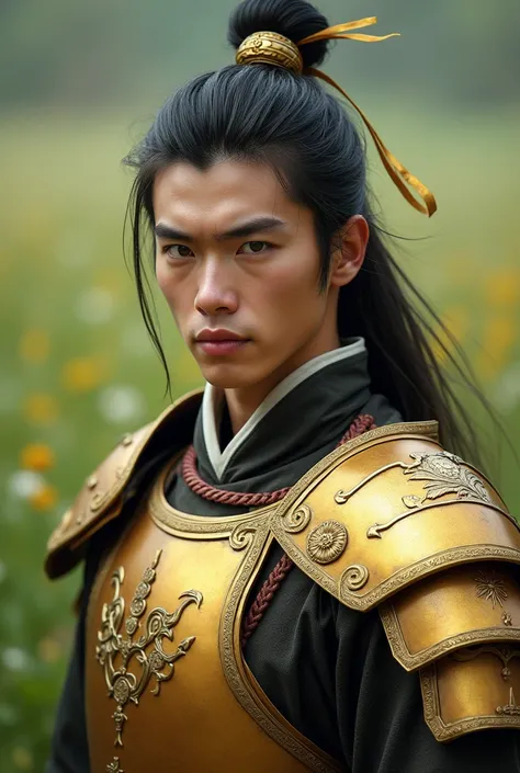 ((best quality)), ((masterpiece)), (detailed), perfect face Photo realistic image of a 21 years old young man in a brown and red hanfu. Wearing a golden armour, Proud, loyal, character. Quick to anger. Attractive, black hair tied up in a hair piece. Arroga...