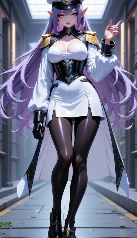  Young Beautiful Dark Elf Women ,( best quality, very detailed depiction , Incredibly Absurd High Definition ,Curvaceous Body, shiny skin with knees,Beautiful legs),(Female military personnel,Female admiral,white-toned latex military uniform with epaulette...