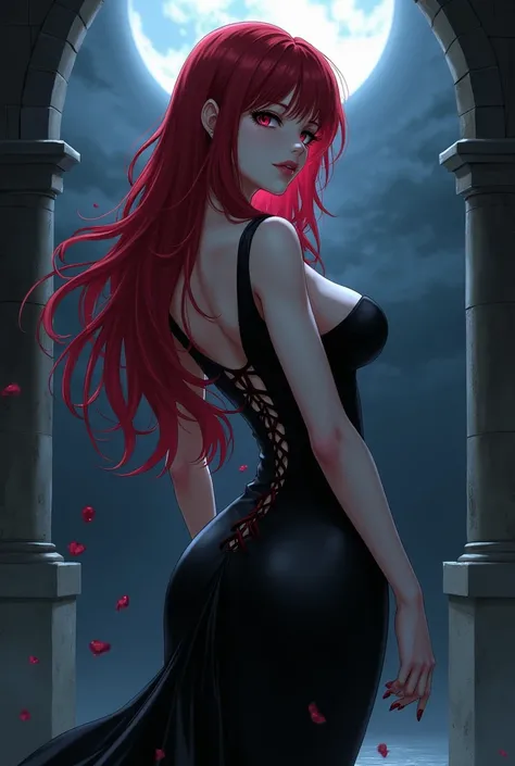 A female vampire from Anime .  Your skin is pale and your hair is long and red with bangs hitting your forehead.  Firm round breasts and perky butt . Her body is beautiful and defined . Her long black vampire dress with a bold and provocative neckline.  Th...