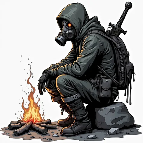 Darksouls-style character , With a gas mask ,  Borderlands-style weapon at the waist, Sitting at the fire with a sword stuck in the middle of the fire, 2d illustration, cartoon style, all black and white, profile photo