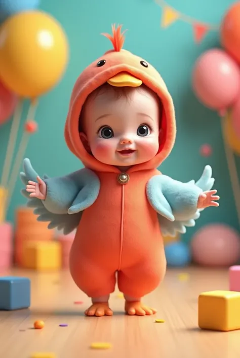 "An adorable baby standing , dressed in a feupud and cute soft red duckling costume.  The costume includes soft blue feathers ,  a hood with a small yellow duck beak and orange duck feet on the feet.  The baby is balancing gracefully  ,  displaying a charm...