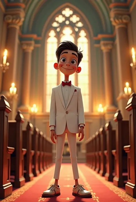  cartoon (not realistic) Of a tall Venezuelan boy in a church dressed as a groom
