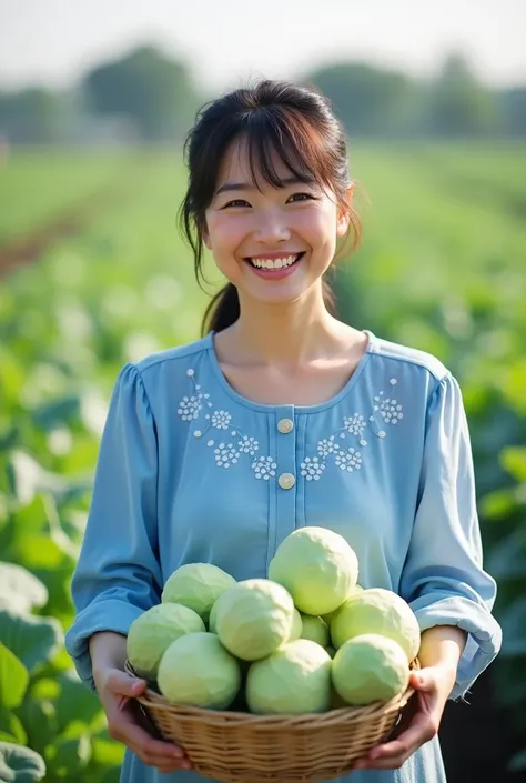 Realistic photography style, bright pictures, high-definition, high-quality, frontal photo, in an empty cabbage field, a slightly plump Asian woman in her 40s holding a bamboo basket filled with cabbages, happy and joyful, with a face full of the joy of a ...