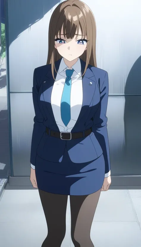  black tights、Brown Hair、Middle hair、bangs、 sad face、 Teal Eyelids、 Full Body Style 、Normal milk、 narrow waist 、Bare legs、 in a suit、 navy blue jacket , collared shirt 、 white shirt、 blue tie,belt,navy blue mini pencil skirt, black tights、White pumps、Anime...