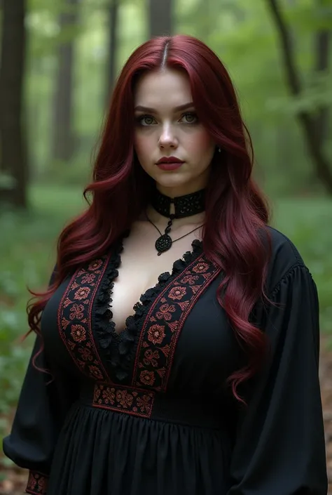 realistic, realism, (ultra realistic), sharp image, 8k, clear image, tall goth girl, burgundy hair, brown eyes, black choker, oval face shape, plus size, big breasts, big ass, wide hips, traditional romanian shirt, forest