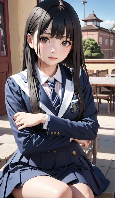  Miss High School Contest 2025 Finalist , Photogenic,  very detailedで美しい顔, Close up of a woman sitting with her arms crossed on a neatly arranged straight bangs ,   LONG BLACK HAIR ,  is wearing a high school uniform,  Realistic High School Girls , School,...