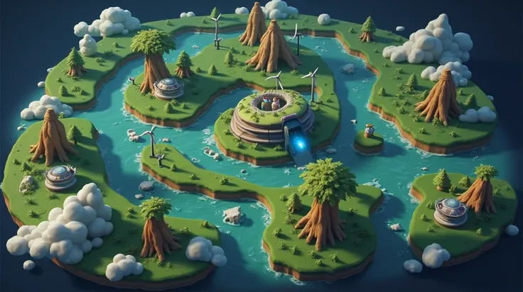 An isometric, top-down view of a MOBA-style battle arena with three main lanes connected by lush jungle areas. The map is designed with a strong focus on sustainability and clean energy. It features wind turbines, solar panels, and futuristic trees integra...