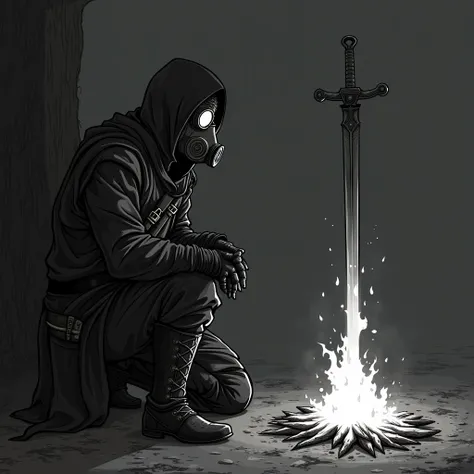 Darksouls-style character , With a gas mask , Steampunk gun around the waist, Sitting at the fire with a sword stuck in the middle of the fire, 2d illustration, cartoon style, all black and white, profile photo