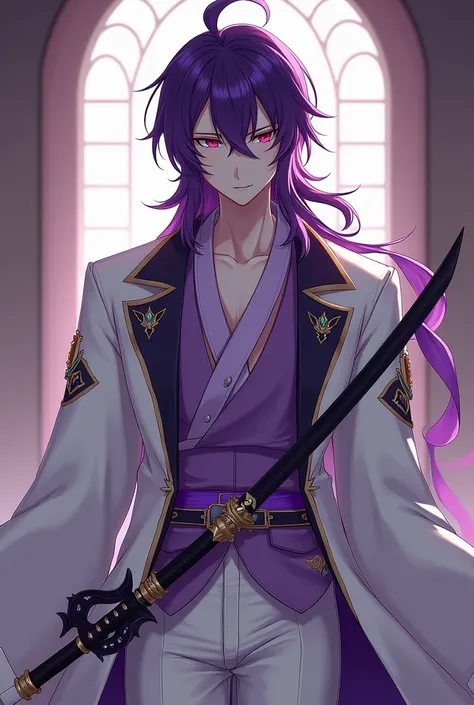 Ayato is a tall man with pale skin, long dark purple hair that reaches his thighs with a fringe that covers his left eye and frames his face, bright violet eyes with pink highlights and diamond shaped pupils. his attire consists of a white collared coat wi...