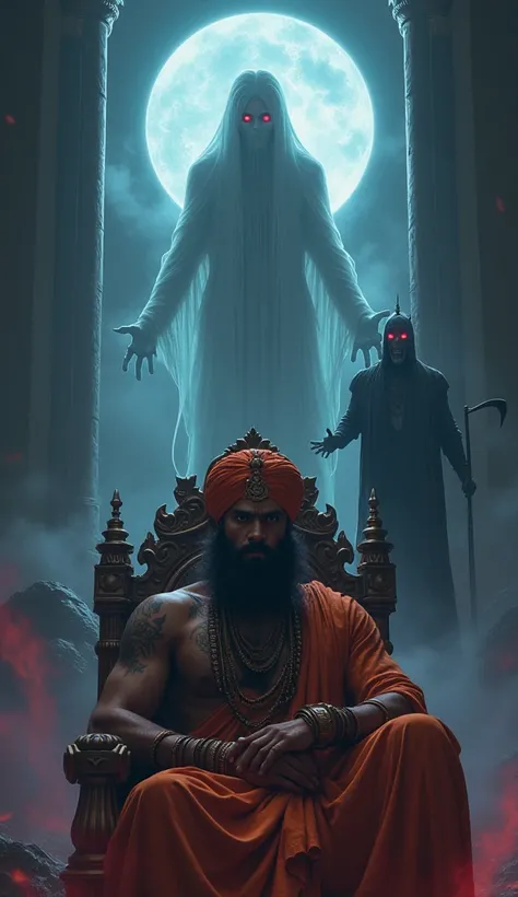 A Very Clear 4K Ultra HD Dynamic Image Of ""Baital, a ghostly figure with glowing skin, long flowing white hair, and deep red eyes, floats above King Vikramaditya, who is seated on his royal throne. Baital’s expression is mischievous, as he poses the quest...