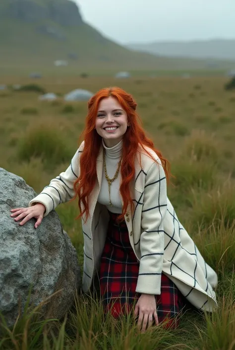 Modern realistic digital art. An extensive green grass ,  a large rock on the ground style of Outlander written Clan Fraser ,   from the Battle of Culloder . A woman with long red hair wearing a modern white plaid coat with some thin black stripes, a white...