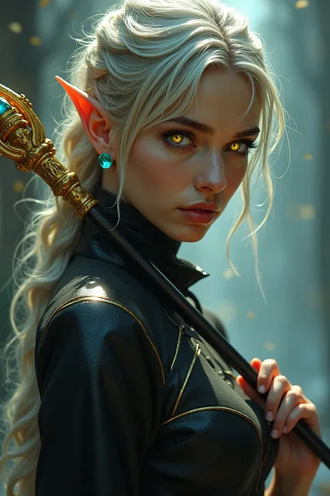 An elf woman with light yellow eyes with brightly colored hair
Wearing a black dress with a golden spear around her fire blue 
Crystal-colored eyes 