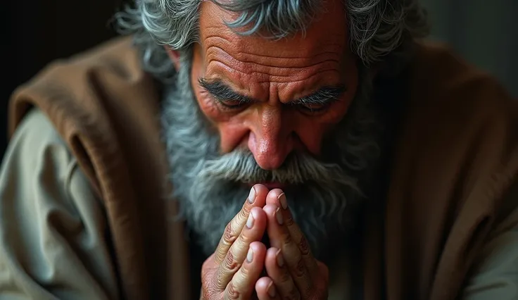 Bearded man praying, close, hands together
