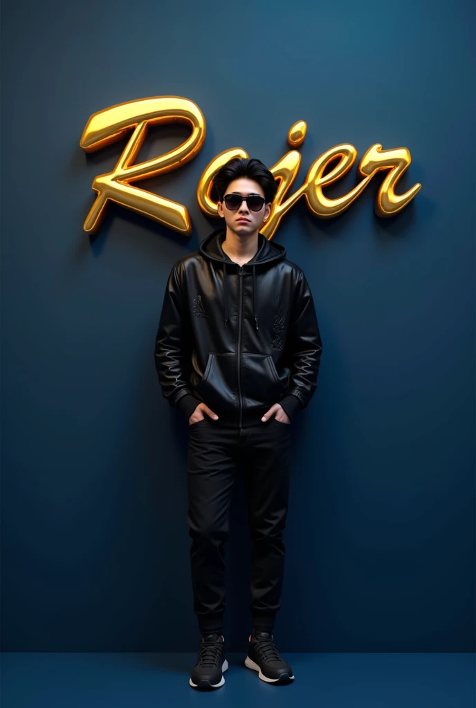 Create a hyper realistic image of a young African korea handsome man with black hair standing, with shiny vibrant BLACK hoodie with black jeans pant, sunglasses, leaning on a deep navy blue wall. on the wall written "ROJER" glossy shiny vibrant golden 3D g...