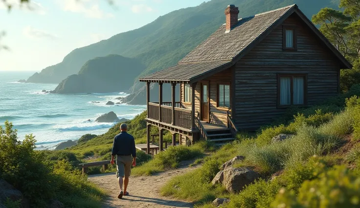 A man aged 30 was going to visit his old friends house, a wooden house on the coast. hiper-realistis, kontras tinggi, efek warna tinggi, 8K, detail, fokus.