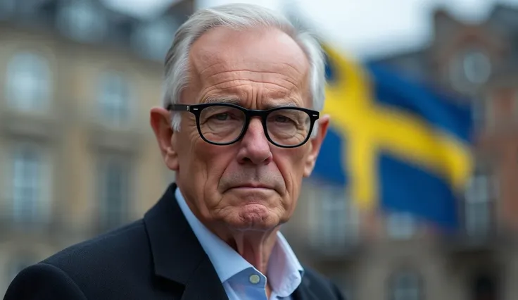 A hyperrealistic close-up portrait of an elderly man with sharp facial features, wearing black-rimmed glasses. The mans expression is serious, slightly frowning, which indicates a calm and domineering manner. He stands in front of a background that clearly...