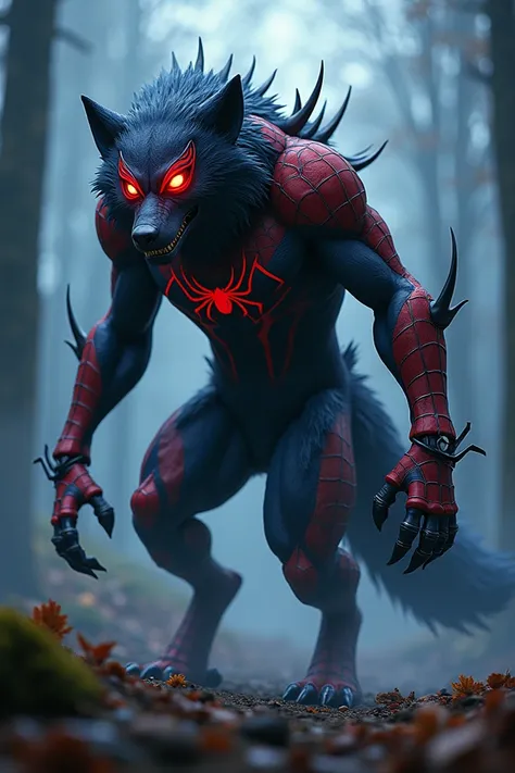 "A powerful and captivating hybrid creature combining Spider-Man and a wolf. The creature has the muscular body of a wolf, covered in a mix of fur and red and blue web-patterned armor. Its head is a unique blend, with wolf-like features and Spider-Mans sig...