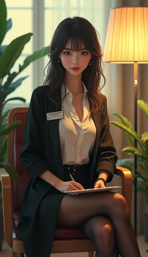 ((Shiori Suwano)), , Beihe, (( Octane Value Rendering )),  original photo, CG,  Side Facing Camera ,  extremely sexy , (( with a sexy thigh spread sitting on a high chair , tight white shirt, Left chest "motto" Doctors robe with black name tag in rectangul...