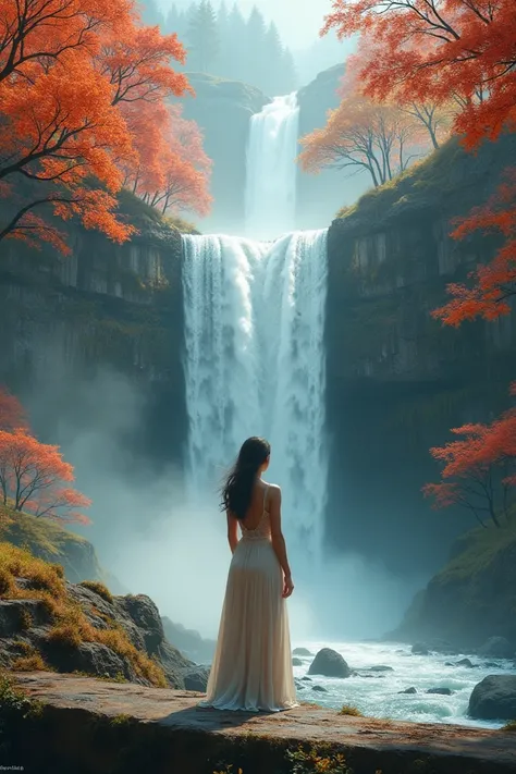 Create an image of a woman on a mantel with red and yellow trees watching the waterfall fall