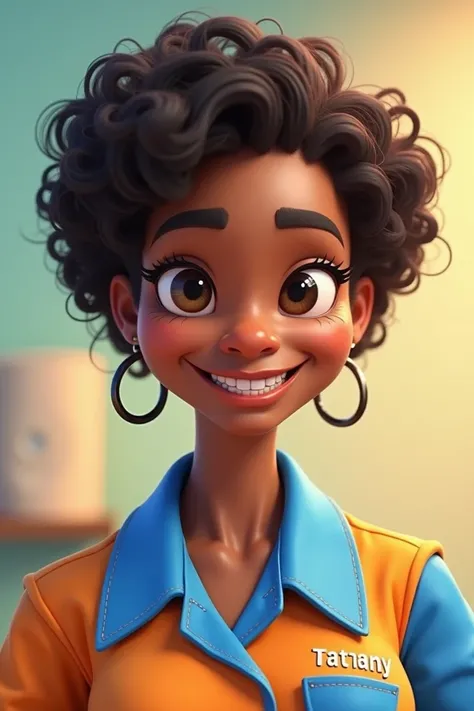 create a 3d image/cartoon portrait,  of a 29-year-old woman, brown skin color ,  short curly hair,  dark eyes, blue and orange blouse ,  braces on the teeth , Working as a manicurist ,  on her blouse written : "Tatiany"