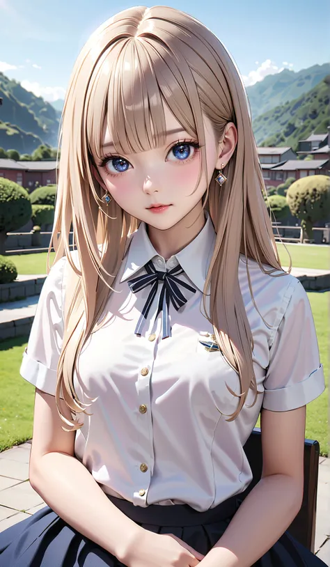  Miss High School Contest 2025 Finalist , Photogenic,  very detailedで美しい顔, Close up of a woman sitting with her arms crossed on a neatly arranged straight bangs ,   long blond hair,Earrings、  is wearing a high school uniform,  Realistic High School Girls ,...