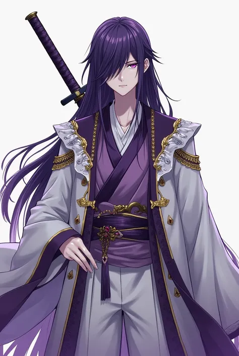 Ayato is a tall man with pale skin, long dark purple hair that reaches his thighs with a fringe that covers his left eye and frames his face, bright violet eyes with pink highlights and diamond shaped pupils. his attire consists of a white collared coat wi...