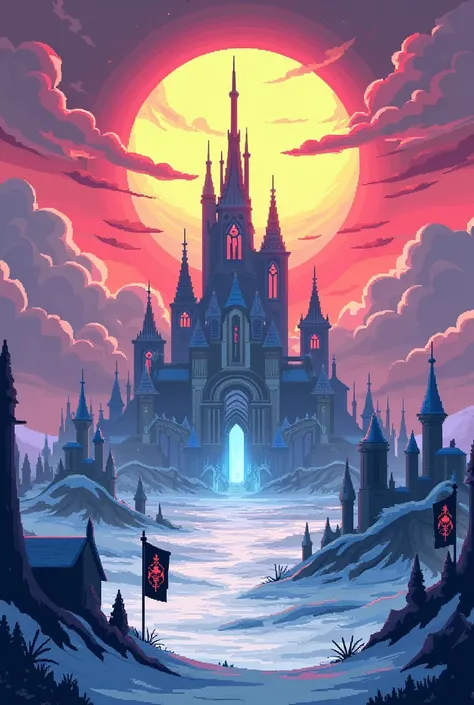 ((Pixel style)), (Ice Kingdom: gothic buildings in centre and around small factories and buildings, Flacgs with black icycle logo) (Giant  Sunrise moment)