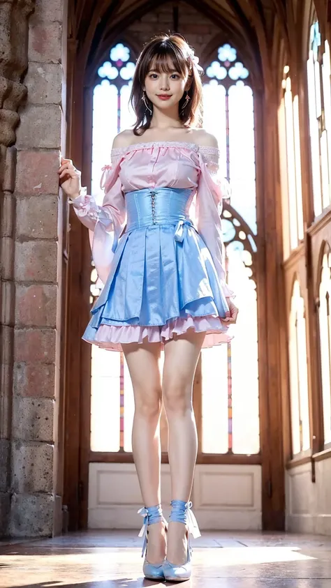 (8k、   RAW photos  、   best quality、    masterpieces in the background  :1.2)、( realistic 、 realistic )、1 person、((Pink and light blue、smile、 see-through、 off shoulder、 dress、 Long Skirt 、Frills、ribbon、 corset、church、Thin legs、whole body、 standing facing y...